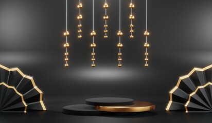 3d render of abstract realistic studio room with Luxury round pedestal stand podium with golden glitter in shape backdrop. Luxury black friday sale scene for product display presentation background