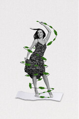 Artwork magazine collage picture of happy smiling lady dancing plant leaves isolated drawing background