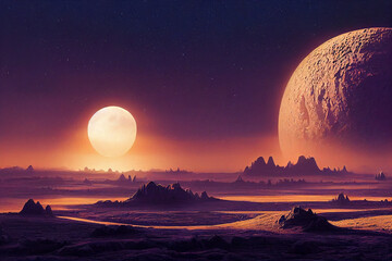 Fototapeta na wymiar Interstellar Landscape: Giant Moon Over Alien Planet Digital Illustration