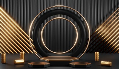 3d render of abstract realistic studio room with Luxury round pedestal stand podium with golden glitter in shape backdrop. Luxury black friday sale scene for product display presentation background