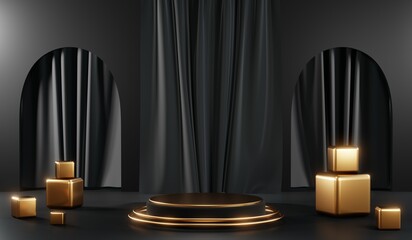 3d render of abstract realistic studio room with Luxury round pedestal stand podium with golden glitter in shape backdrop. Luxury black friday sale scene for product display presentation background