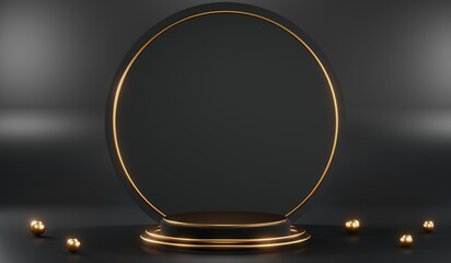 3d render of abstract realistic studio room with Luxury round pedestal stand podium with golden glitter in shape backdrop. Luxury black friday sale scene for product display presentation background