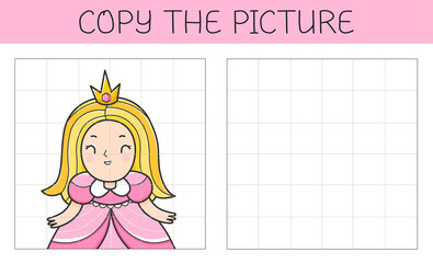 Copy the picture is an educational game for kids with a princess. Cute cartoon character princess