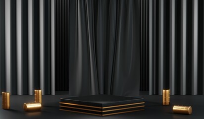 3d render of abstract realistic studio room with Luxury round pedestal stand podium with golden glitter in shape backdrop. Luxury black friday sale scene for product display presentation background