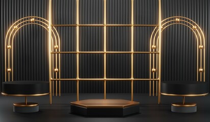 3d render of abstract realistic studio room with Luxury round pedestal stand podium with golden glitter in shape backdrop. Luxury black friday sale scene for product display presentation background