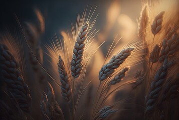 beautiful close up wheat ear against sunlight at evening or morning with yellow field as background, generative ai