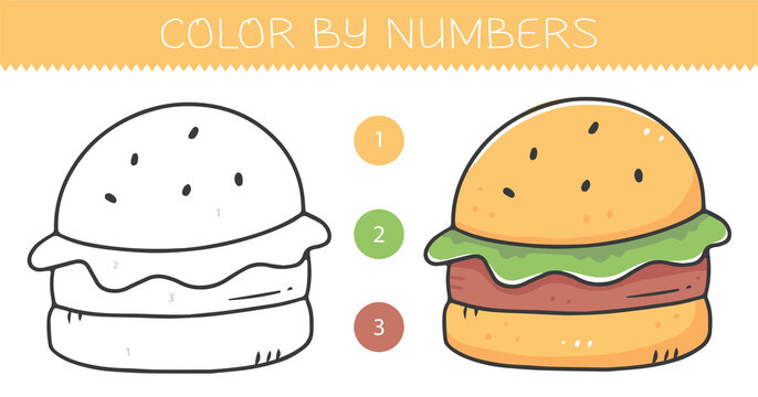 Color by numbers coloring book for kids with a burger. Coloring page with cute cartoon hamburger with an example for coloring. Monochrome and color versions.