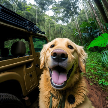 Golden Retriever Dog Influencer In places. In the jungle