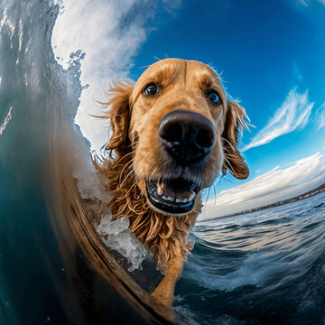Golden Retriever Dog Influencer In places. Surfing