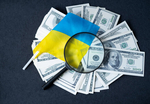 the colors of the flag of Ukraina nd money with a magnifying glass