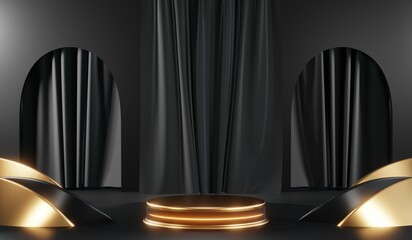 3d render of abstract realistic studio room with Luxury round pedestal stand podium with golden glitter in shape backdrop. Luxury black friday sale scene for product display presentation background