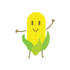 Cute and delicious corn cartoon character is standing waving.