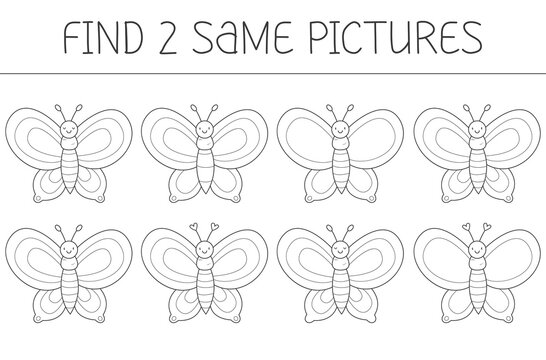 Find two same pictures is an educational game for kids with butterfly. Cute butterfly coloring book.