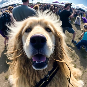 Golden Retriever Dog Influencer In places. At a rock concert
