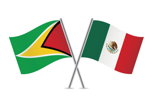 Guyana and Mexico crossed flags. Guyanese and Mexican flags on white background. Vector icon set. Vector illustration.