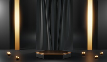 3d render of abstract realistic studio room with Luxury round pedestal stand podium with golden glitter in shape backdrop. Luxury black friday sale scene for product display presentation background