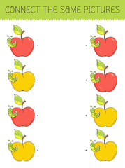 Connect the same pictures game with a cute cartoon apple with caterpillar. Children's game with an apple with worm.