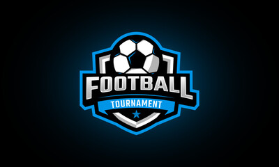 Football sport logo with shield and ball for tournament or championship