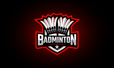 Badminton sport logo with shield, shuttlecock, and modern style