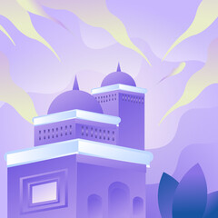 a greeting card with a purple background of a mosque, a place of worship for Muslims, complemented by a very beautiful view of the blue sky
