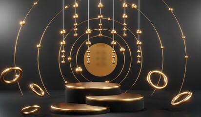 Fototapeta premium 3d render of abstract realistic studio room with Luxury round pedestal stand podium with golden glitter in shape backdrop. Luxury black friday sale scene for product display presentation background