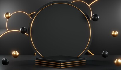 3d render of abstract realistic studio room with Luxury round pedestal stand podium with golden glitter in shape backdrop. Luxury black friday sale scene for product display presentation background