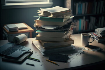 many book on table, office dirty, Made by AI,Artificial intelligence