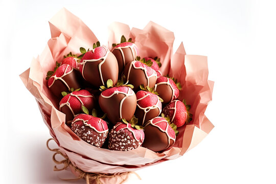 Sweet Bouquet of Strawberries Covered with Chocolate on a White Background