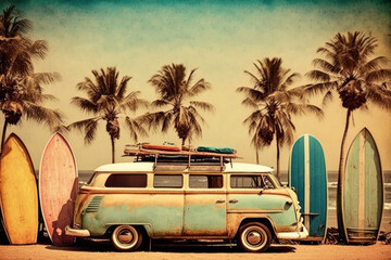 Pastel surfboards on tropical beach. Retro tone color style. Travel vacation concept. Generative AI - 567746871