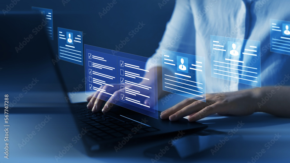 Aufkleber Employees must complete the online survey form, answer the test questions.Marked checklist on a clipboard. Human resources and management concept. 