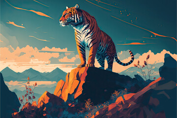 A peaceful illustration of a tiger standing on a rock at sunrise, vector style, Generative AI