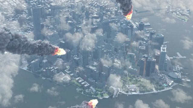 Burning Asteroids or Rockets heading toward New York Manhattan,Aerial

Cinematic view of New york city in danger with falling meteors or rocket attack, 2023  
