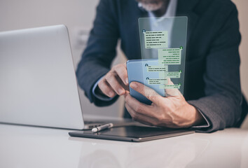 Businessman using smartphone typing live chat Social media Social marketing communication concept.