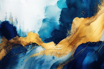 Abstract blue, navy and gold paint background. Watercolor painting. Watercolor texture. Generative AI