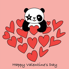 Valentine card with cute panda and hearts. Love concept. Illustration on a pink background