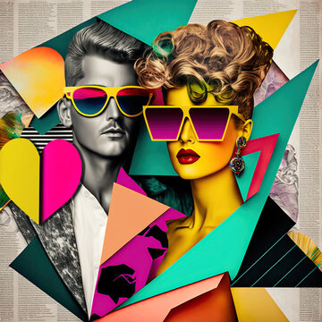 80s retro style pop art collage background. Fashion, love and disco. Generative AI