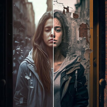 una donna divisa in due confusa e depressa, in una foto rovinata di una citt&agrave; che cade in pezzi