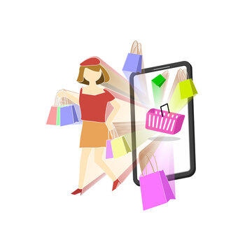 image of online shopping woman holding shopping bag and phone