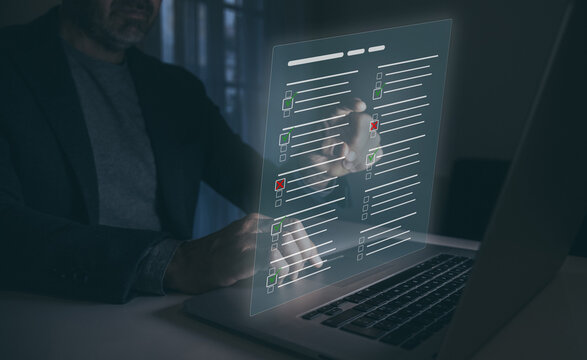 Man Do Online Exam On Virtual Screen. Answer A Survey Filling Out A Tech Form. Quiz, Test Concept.