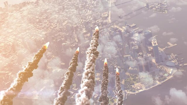 Asteroids or Rockets Above New York Manhattan,Aerial,2023

Cinematic view of New york city in danger with falling meteors or rocket attack, 2023  
