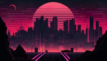 16:9 synth-wave city skyline at sunset