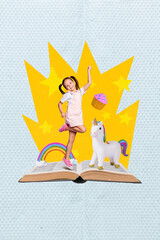 Magazine poster collage of sweet happy kid girl stand on open book enjoy magic fairytale world with unicorn rainbow cookie