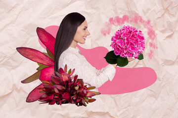 Creative template collage of beauty woman florist shop owner hold bright phlox bouquet prepare for woman day date party
