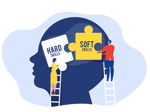 business woman and man holding two pieces between Hard VS Soft Skills Concept on big head human Idea Development ,Multiple Intelligences Vector Illustration
