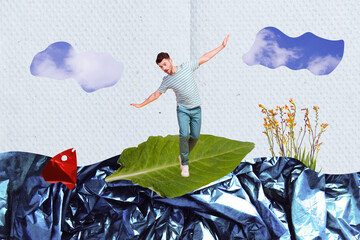 Creative abstract collage template graphics image of shocked guy swimming dirty lake plant leaf float isolated drawing background