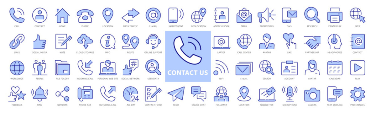 Contact Us Line Icons Set. Connections And Customer Support Elements Outline Icons Collection. Chat, Support, Phone, Globe, Message, Email, Call - Stock Vector