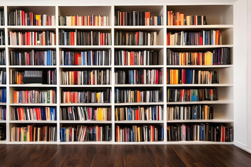 shelves with books. bookshelf. full bookshelf. AI generated. books. bookshelf concept. knowledge. knowledge concept. book collection. study. learning.