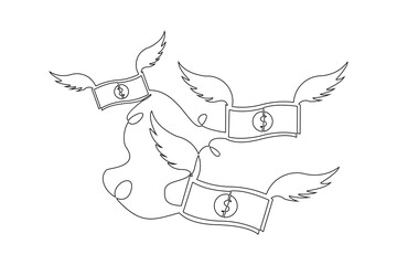 Continuous single one line drawing art of money paper flying with wings. Vector illustration of loss dollar banknote money.