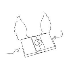 Continuous single one line drawing art of money paper flying with wings. Vector illustration of loss dollar banknote money.