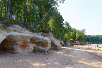 Veczemju klintis (Veczemju cliffs) on Baltic sea near Tuja, Latvia in summer season. Beautiful sea shore with limestone and sand caves